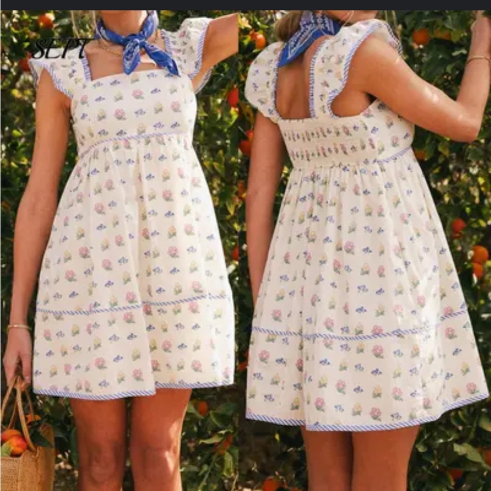 SHEIN White and Blue Pleated Sundress with Flutter Cap Sleeves